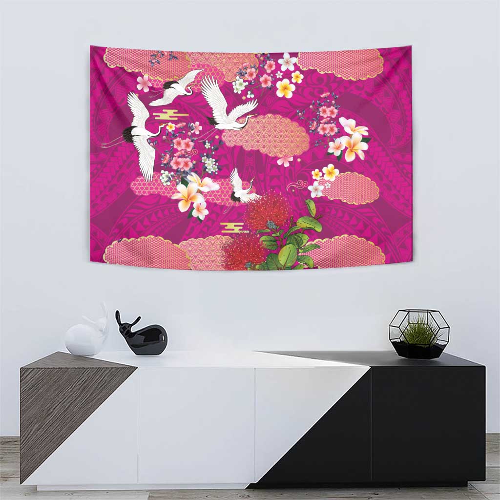 Hawaiian and Japanese Culture Together Tapestry Pink Ohia Lehua Plumeria and Sakura Blooming LT03 - Polynesian Pride
