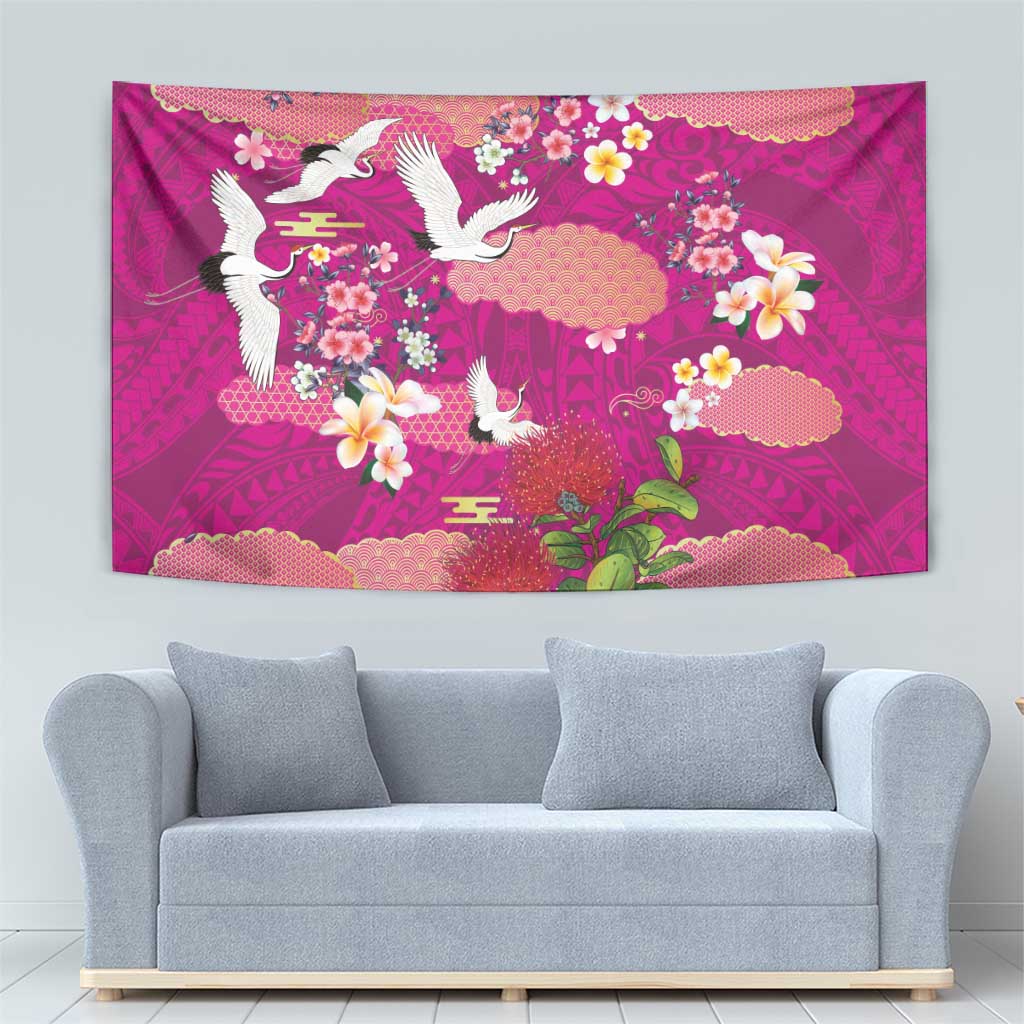 Hawaiian and Japanese Culture Together Tapestry Pink Ohia Lehua Plumeria and Sakura Blooming LT03 - Polynesian Pride