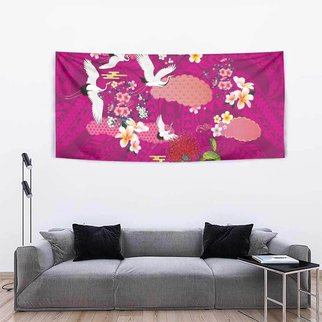 Hawaiian and Japanese Culture Together Tapestry Pink Ohia Lehua Plumeria and Sakura Blooming LT03 - Polynesian Pride