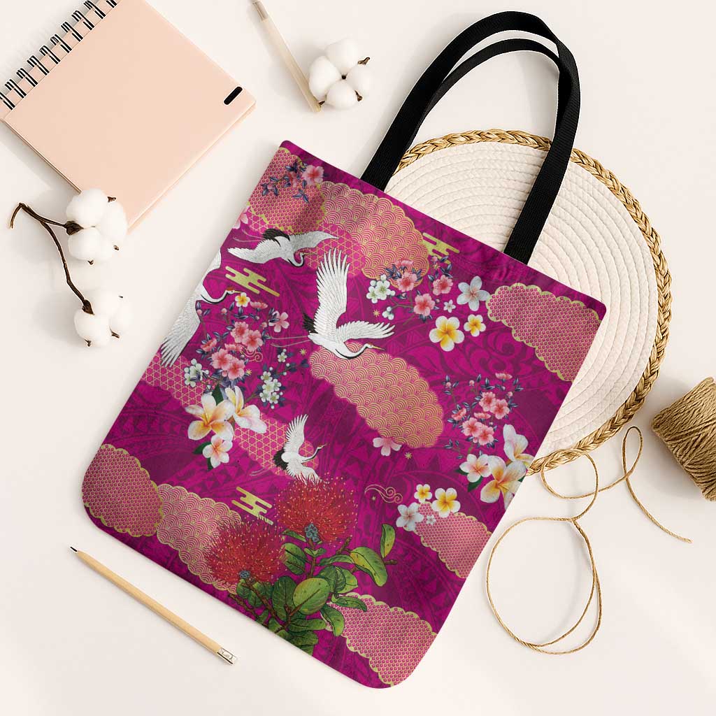 Hawaiian and Japanese Culture Together Tote Bag Pink Ohia Lehua Plumeria and Sakura Blooming LT03 Black Strap One Size Pink - Polynesian Pride