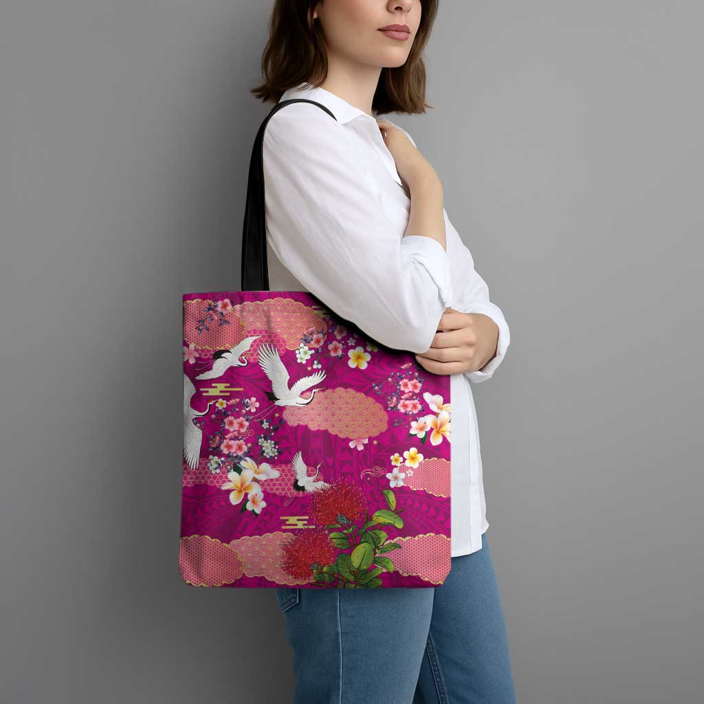 Hawaiian and Japanese Culture Together Tote Bag Pink Ohia Lehua Plumeria and Sakura Blooming LT03 - Polynesian Pride