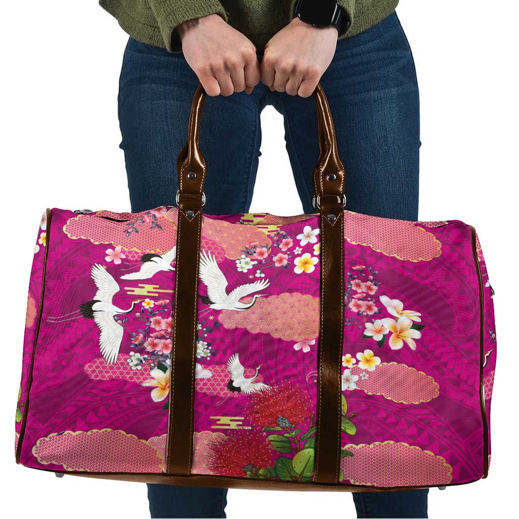Hawaiian and Japanese Culture Together Travel Bag Pink Ohia Lehua Plumeria and Sakura Blooming LT03 Pink - Polynesian Pride