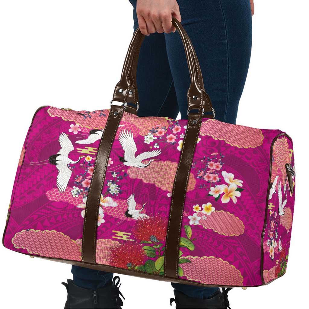 Hawaiian and Japanese Culture Together Travel Bag Pink Ohia Lehua Plumeria and Sakura Blooming LT03 - Polynesian Pride