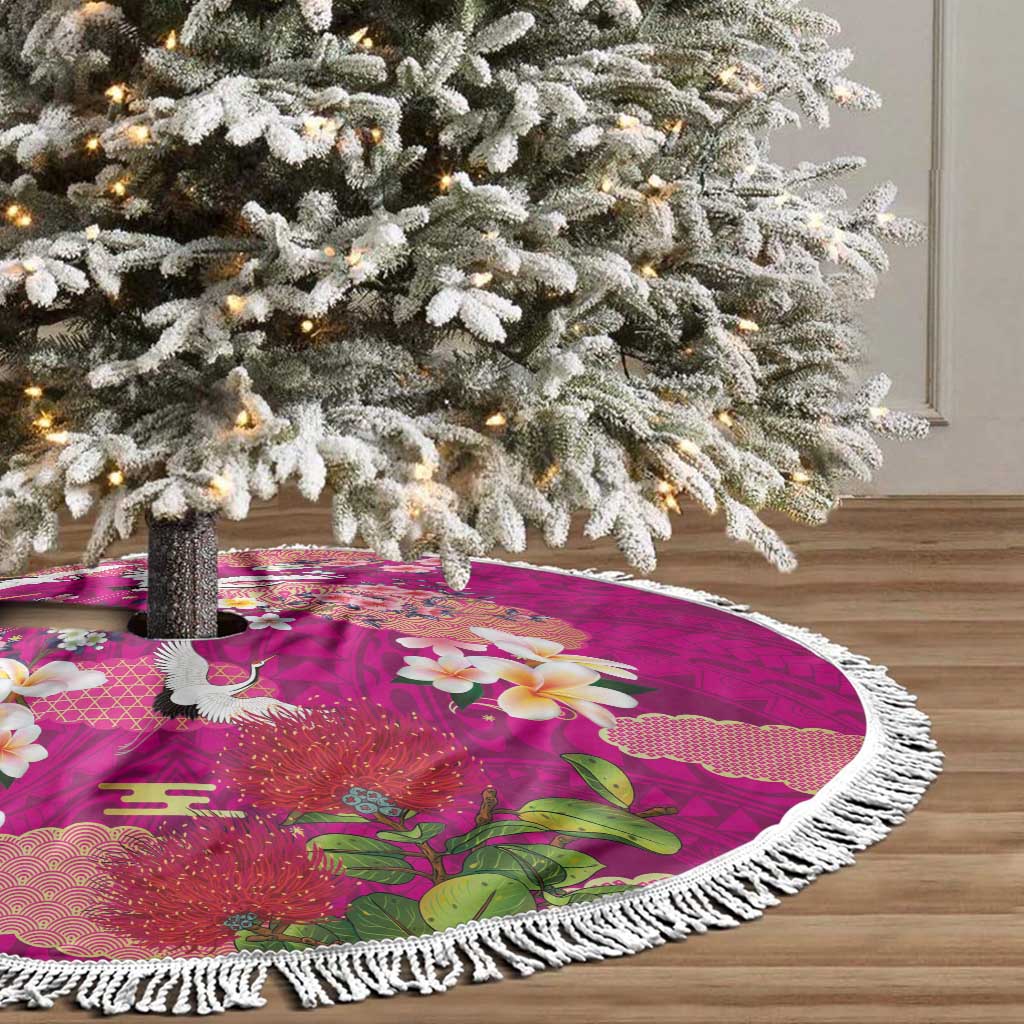Hawaiian and Japanese Culture Together Tree Skirt Pink Ohia Lehua Plumeria and Sakura Blooming LT03 - Polynesian Pride