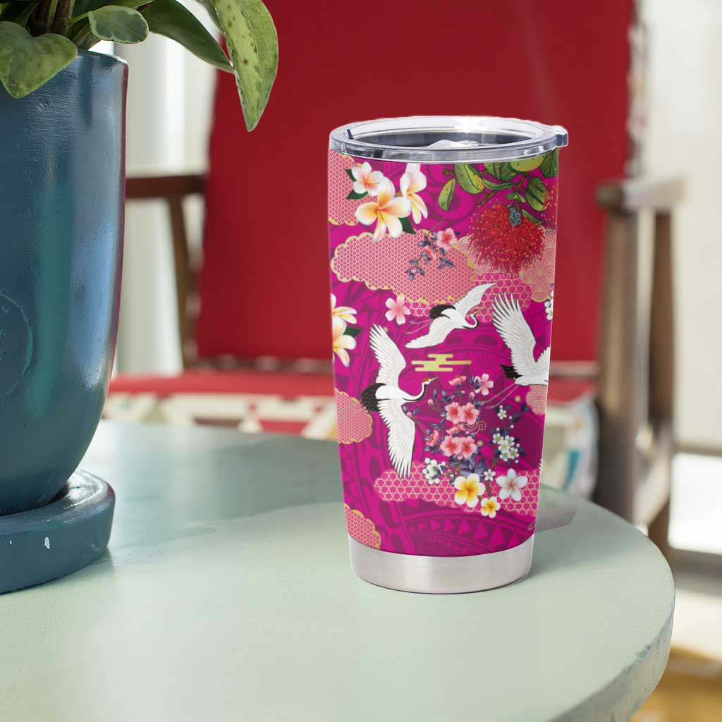 Hawaiian and Japanese Culture Together Tumbler Cup Pink Ohia Lehua Plumeria and Sakura Blooming LT03 - Polynesian Pride