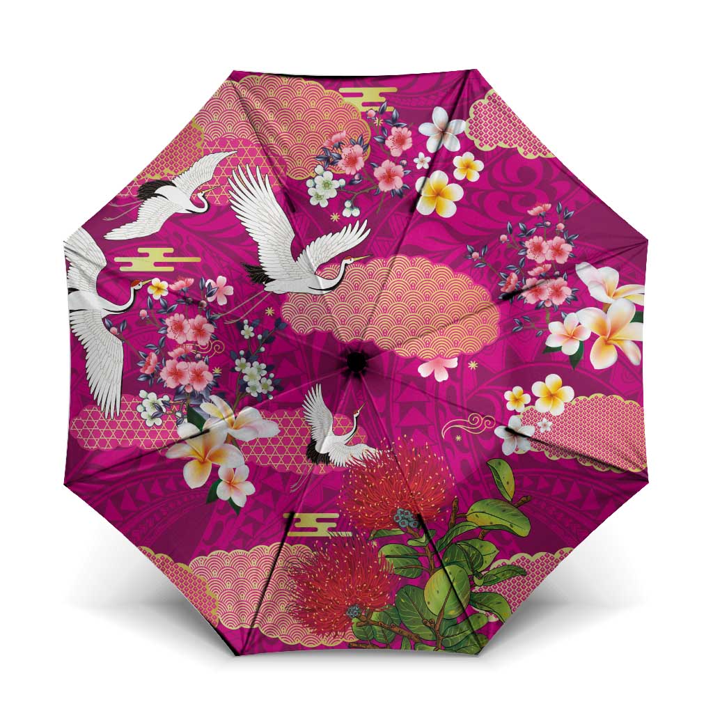 Hawaiian and Japanese Culture Together Umbrella Pink Ohia Lehua Plumeria and Sakura Blooming LT03 One Size Folded 11.42 inch Opened Diameter 37.4 inch Pink - Polynesian Pride