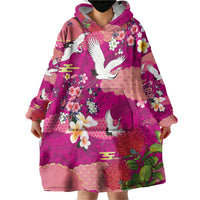 Hawaiian and Japanese Culture Together Wearable Blanket Hoodie Pink Ohia Lehua Plumeria and Sakura Blooming LT03 - Polynesian Pride