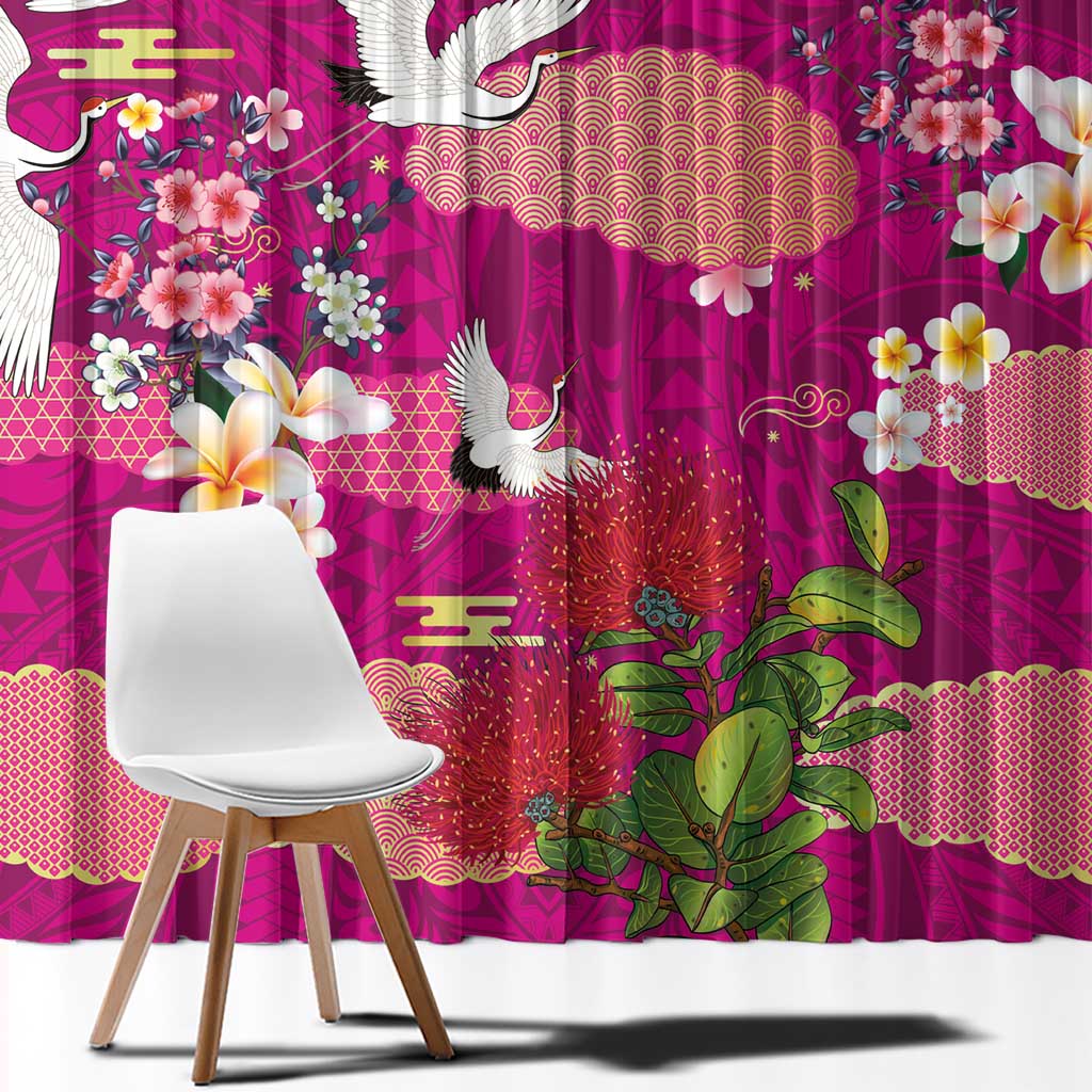 Hawaiian and Japanese Culture Together Window Curtain Pink Ohia Lehua Plumeria and Sakura Blooming LT03 - Polynesian Pride
