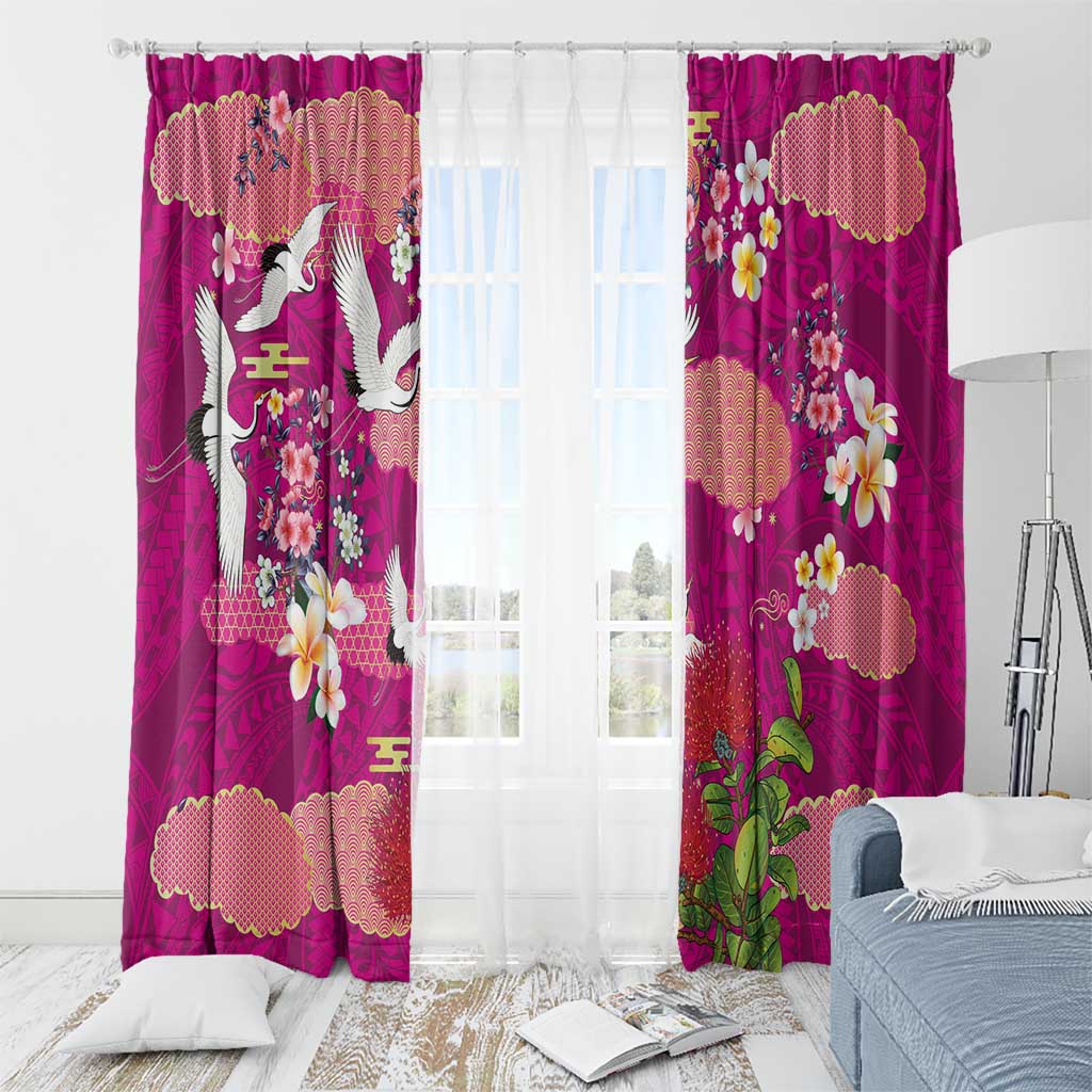 Hawaiian and Japanese Culture Together Window Curtain Pink Ohia Lehua Plumeria and Sakura Blooming LT03 - Polynesian Pride