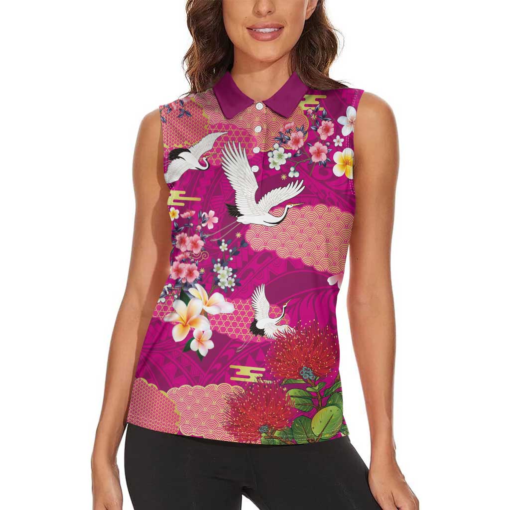 Hawaiian and Japanese Culture Together Women Sleeveless Polo Shirt Pink Ohia Lehua Plumeria and Sakura Blooming LT03 - Polynesian Pride