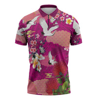 Hawaiian and Japanese Culture Together Zipper Polo Shirt Pink Ohia Lehua Plumeria and Sakura Blooming LT03 Pink - Polynesian Pride