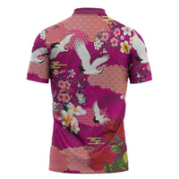Hawaiian and Japanese Culture Together Zipper Polo Shirt Pink Ohia Lehua Plumeria and Sakura Blooming LT03 - Polynesian Pride