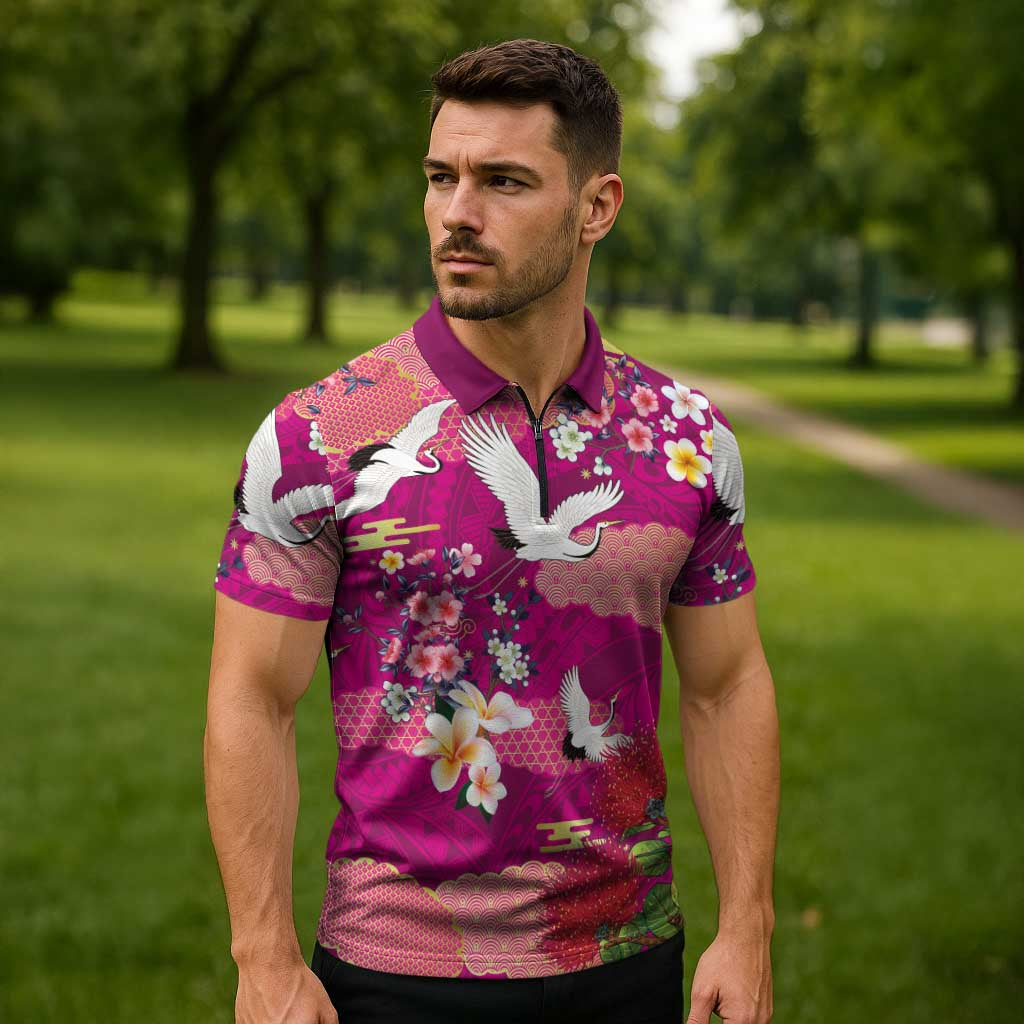 Hawaiian and Japanese Culture Together Zipper Polo Shirt Pink Ohia Lehua Plumeria and Sakura Blooming LT03 - Polynesian Pride