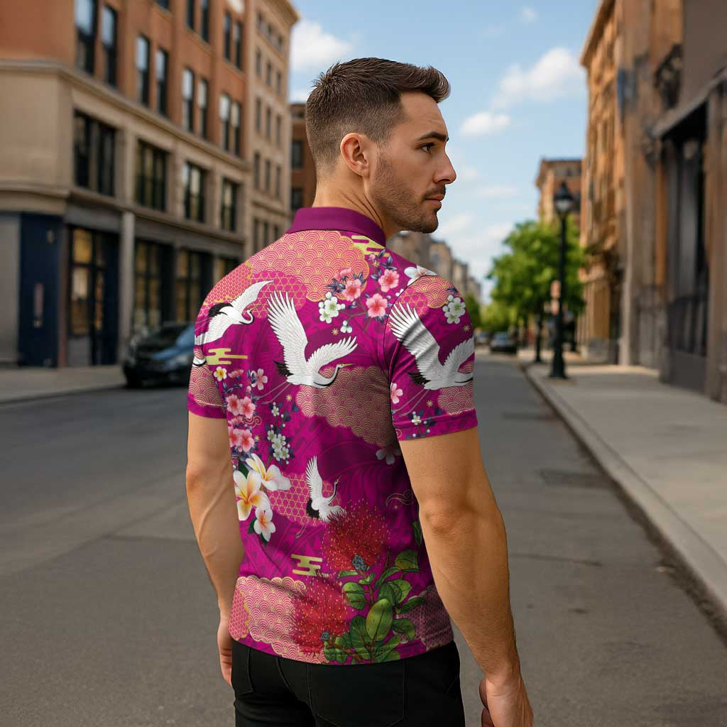 Hawaiian and Japanese Culture Together Zipper Polo Shirt Pink Ohia Lehua Plumeria and Sakura Blooming LT03 - Polynesian Pride