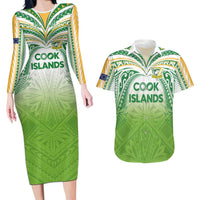 Custom Cook Islands Rugby League Couples Matching Long Sleeve Bodycon Dress and Hawaiian Shirt Tatau Tribal Motifs-Light Green Color LT03 Green - Polynesian Pride
