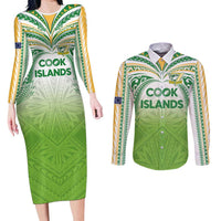Custom Cook Islands Rugby League Couples Matching Long Sleeve Bodycon Dress and Long Sleeve Button Shirt Tatau Tribal Motifs-Light Green Color LT03 Green - Polynesian Pride