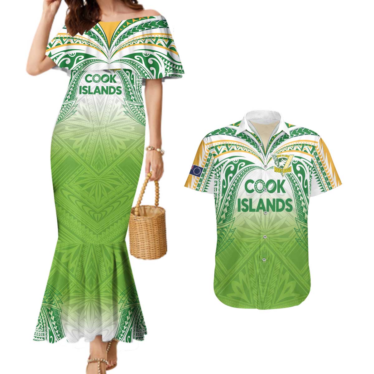 Custom Cook Islands Rugby League Couples Matching Mermaid Dress and Hawaiian Shirt Tatau Tribal Motifs-Light Green Color LT03 Green - Polynesian Pride