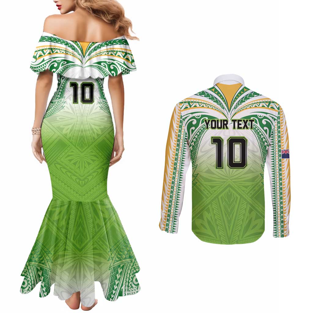 Custom Cook Islands Rugby League Couples Matching Mermaid Dress and Long Sleeve Button Shirt Tatau Tribal Motifs-Light Green Color LT03 - Polynesian Pride