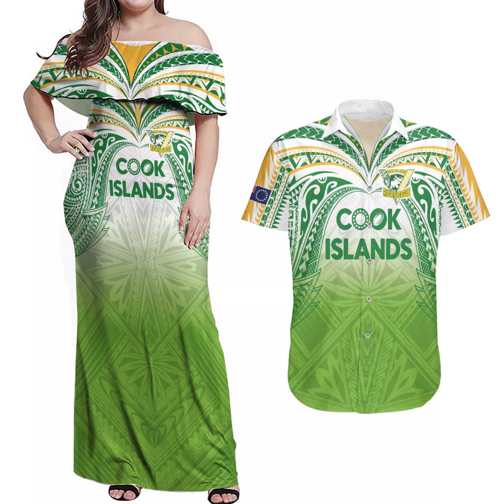 Custom Cook Islands Rugby League Couples Matching Off Shoulder Maxi Dress and Hawaiian Shirt Tatau Tribal Motifs-Light Green Color LT03 Green - Polynesian Pride