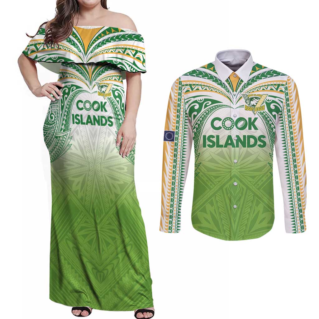 Custom Cook Islands Rugby League Couples Matching Off Shoulder Maxi Dress and Long Sleeve Button Shirt Tatau Tribal Motifs-Light Green Color LT03 Green - Polynesian Pride