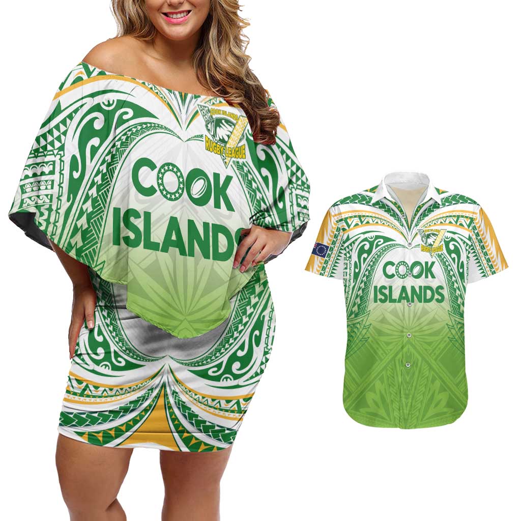 Custom Cook Islands Rugby League Couples Matching Off Shoulder Short Dress and Hawaiian Shirt Tatau Tribal Motifs-Light Green Color LT03 Green - Polynesian Pride