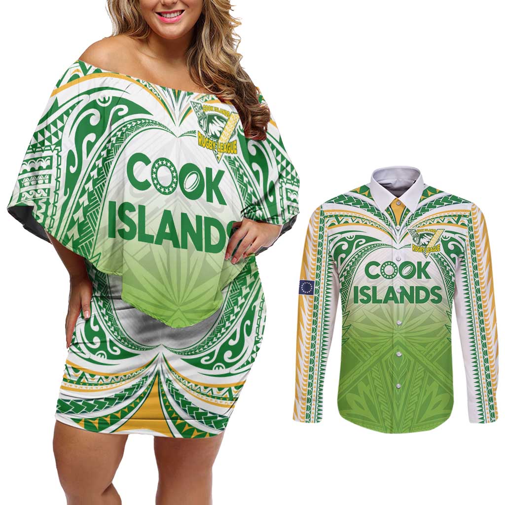 Custom Cook Islands Rugby League Couples Matching Off Shoulder Short Dress and Long Sleeve Button Shirt Tatau Tribal Motifs-Light Green Color LT03 Green - Polynesian Pride