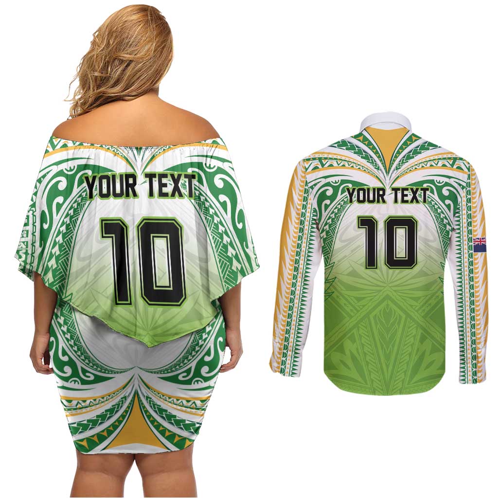 Custom Cook Islands Rugby League Couples Matching Off Shoulder Short Dress and Long Sleeve Button Shirt Tatau Tribal Motifs-Light Green Color LT03 - Polynesian Pride