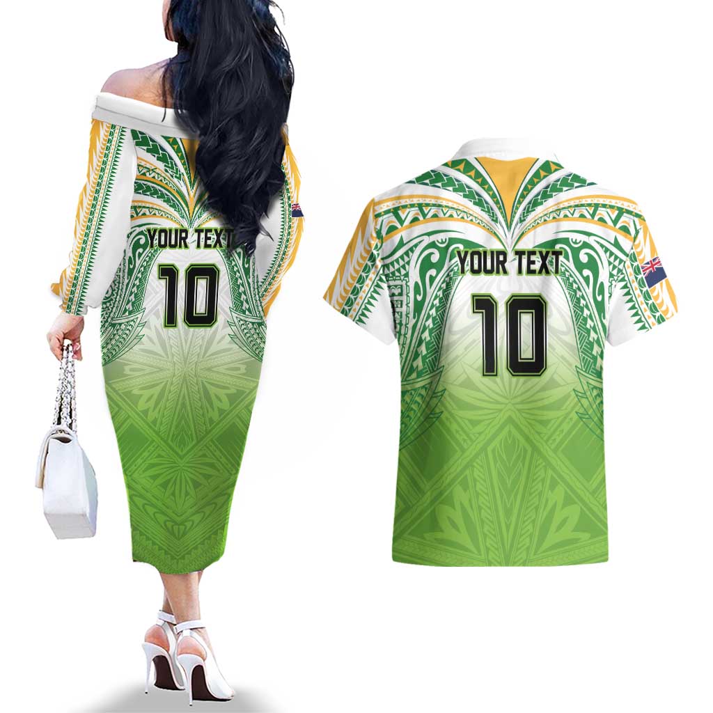 Custom Cook Islands Rugby League Couples Matching Off The Shoulder Long Sleeve Dress and Hawaiian Shirt Tatau Tribal Motifs-Light Green Color LT03 - Polynesian Pride