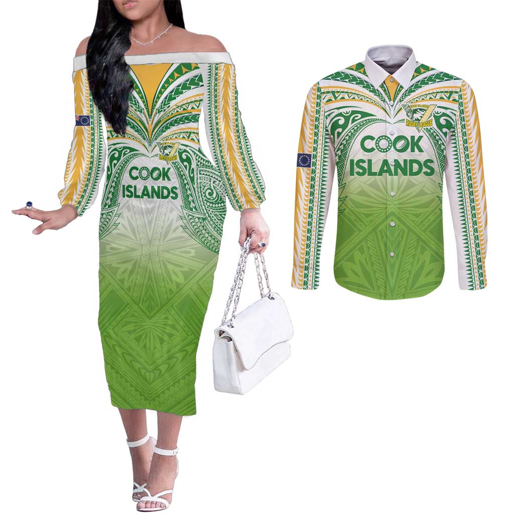 Custom Cook Islands Rugby League Couples Matching Off The Shoulder Long Sleeve Dress and Long Sleeve Button Shirt Tatau Tribal Motifs-Light Green Color LT03 Green - Polynesian Pride