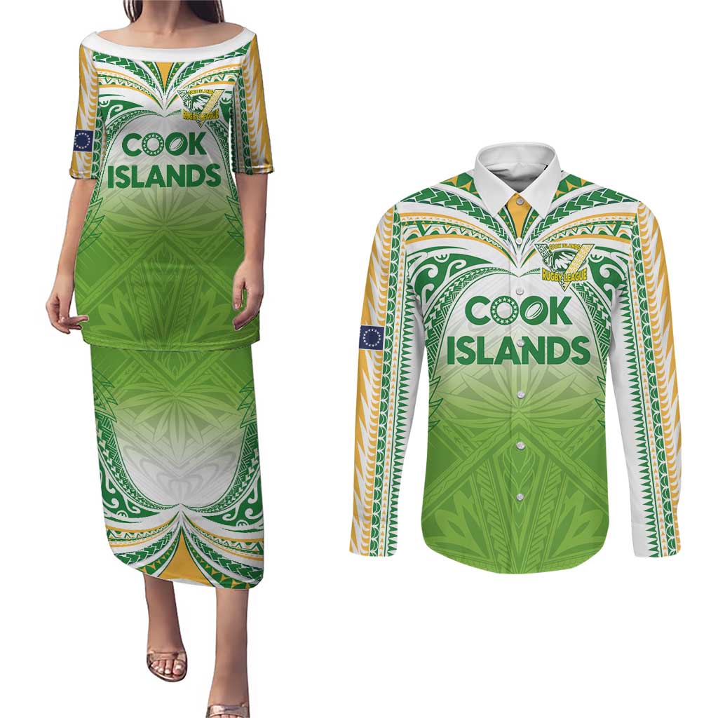 Custom Cook Islands Rugby League Couples Matching Puletasi and Long Sleeve Button Shirt Tatau Tribal Motifs-Light Green Color LT03 Green - Polynesian Pride