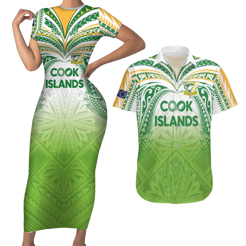 Custom Cook Islands Rugby League Couples Matching Short Sleeve Bodycon Dress and Hawaiian Shirt Tatau Tribal Motifs-Light Green Color LT03 Green - Polynesian Pride
