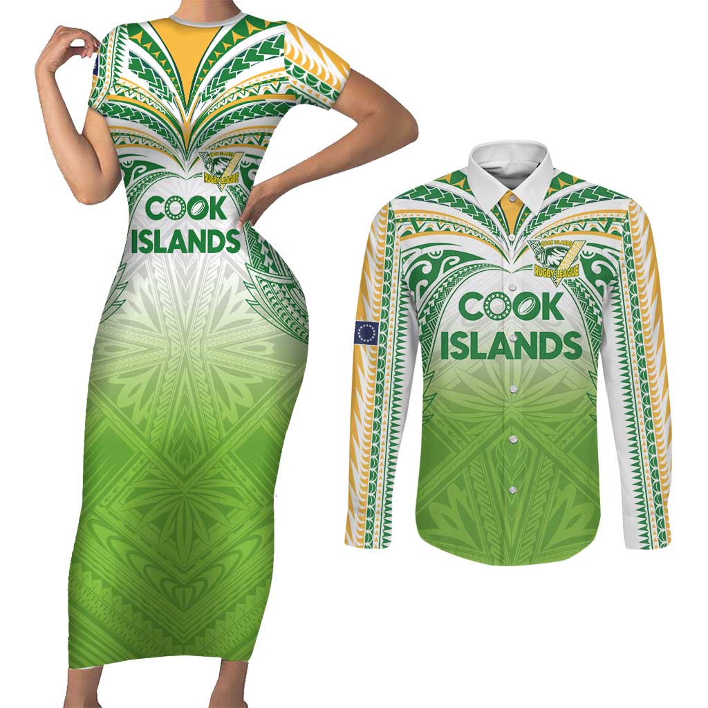 Custom Cook Islands Rugby League Couples Matching Short Sleeve Bodycon Dress and Long Sleeve Button Shirt Tatau Tribal Motifs-Light Green Color LT03 Green - Polynesian Pride
