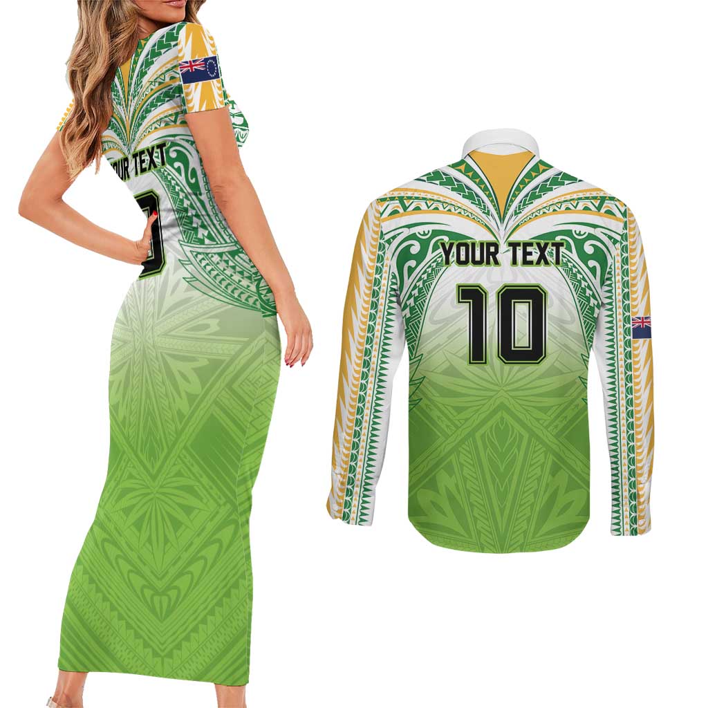 Custom Cook Islands Rugby League Couples Matching Short Sleeve Bodycon Dress and Long Sleeve Button Shirt Tatau Tribal Motifs-Light Green Color LT03 - Polynesian Pride