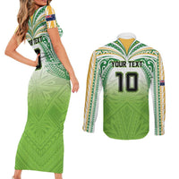 Custom Cook Islands Rugby League Couples Matching Short Sleeve Bodycon Dress and Long Sleeve Button Shirt Tatau Tribal Motifs-Light Green Color LT03 - Polynesian Pride