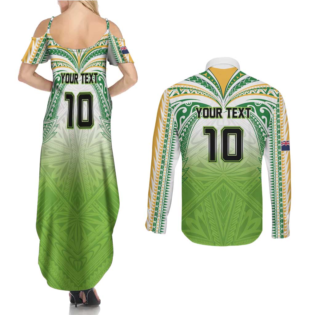 Custom Cook Islands Rugby League Couples Matching Summer Maxi Dress and Long Sleeve Button Shirt Tatau Tribal Motifs-Light Green Color LT03 - Polynesian Pride