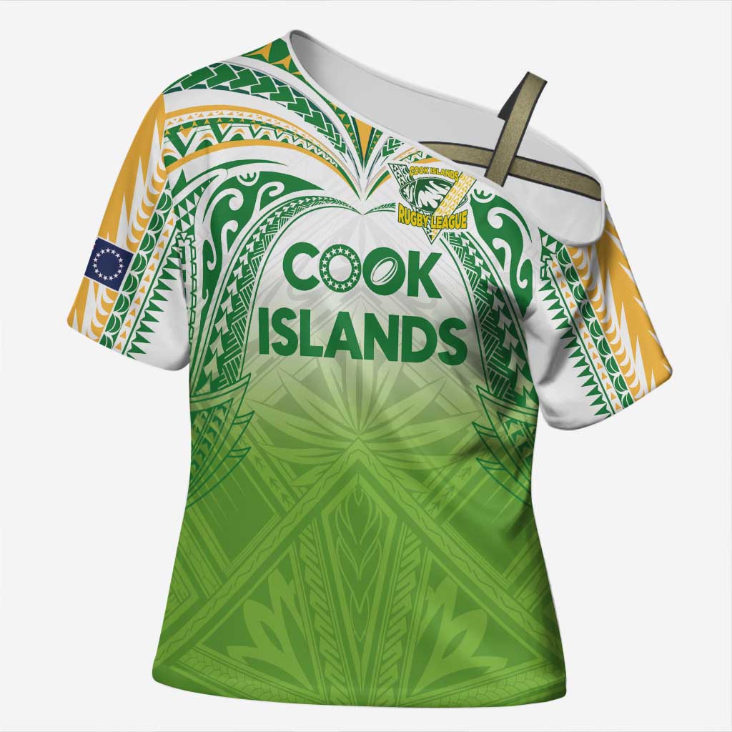 Custom Cook Islands Rugby League Cross Shoulder Shirt Tatau Tribal Motifs-Light Green Color - Polynesian Pride