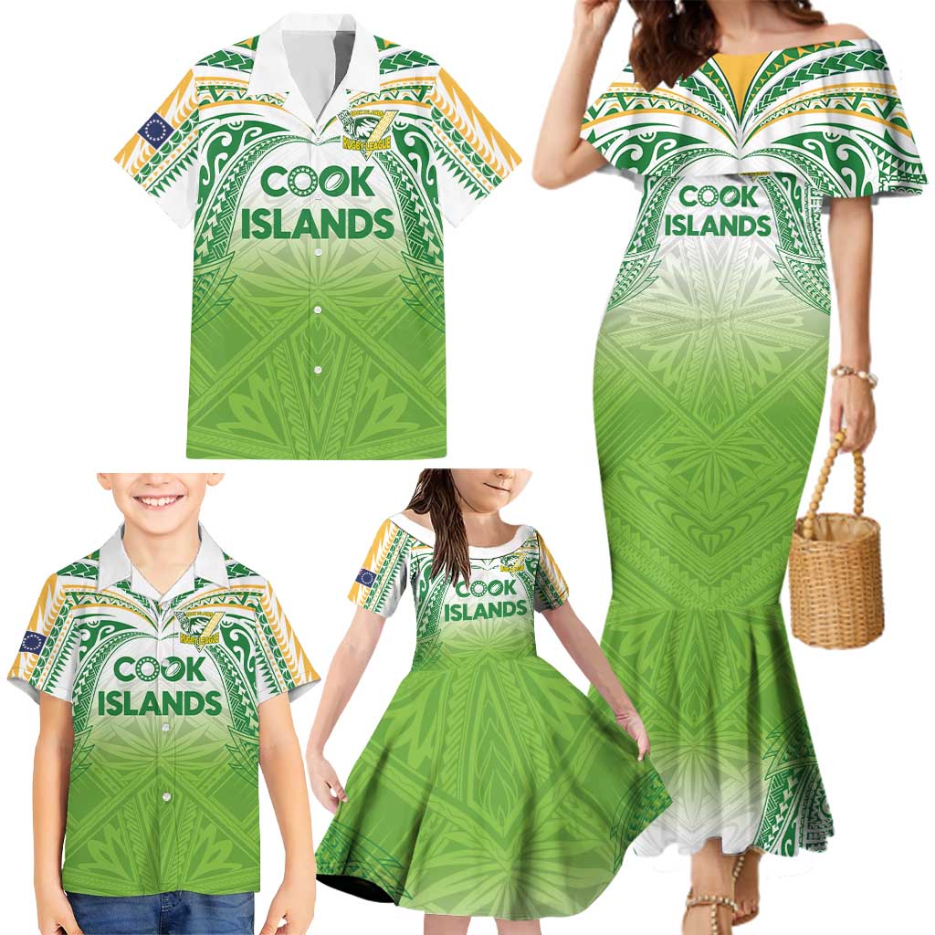 Custom Cook Islands Rugby League Family Matching Mermaid Dress and Hawaiian Shirt Tatau Tribal Motifs-Light Green Color LT03 - Polynesian Pride