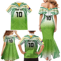 Custom Cook Islands Rugby League Family Matching Mermaid Dress and Hawaiian Shirt Tatau Tribal Motifs-Light Green Color LT03 - Polynesian Pride