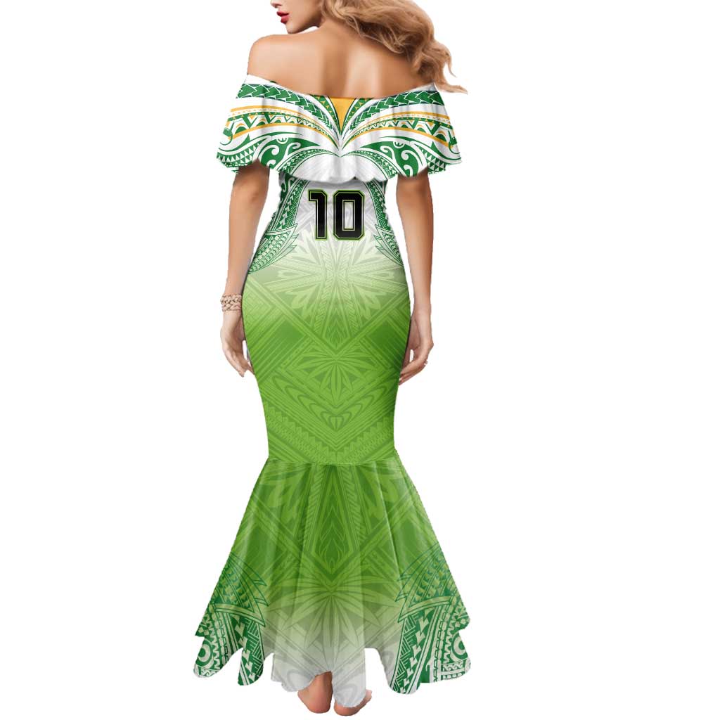 Custom Cook Islands Rugby League Family Matching Mermaid Dress and Hawaiian Shirt Tatau Tribal Motifs-Light Green Color LT03 - Polynesian Pride