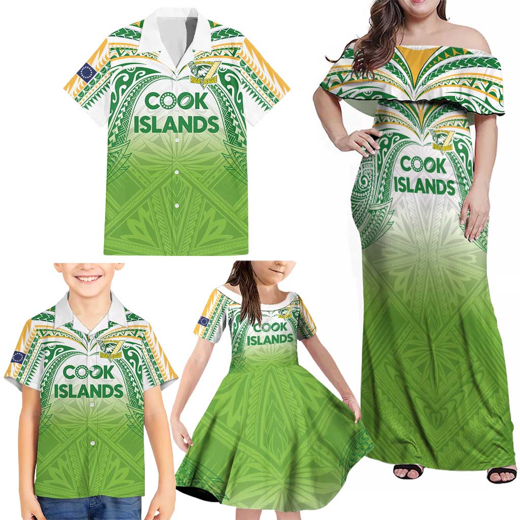 Custom Cook Islands Rugby League Family Matching Off Shoulder Maxi Dress and Hawaiian Shirt Tatau Tribal Motifs-Light Green Color LT03 - Polynesian Pride