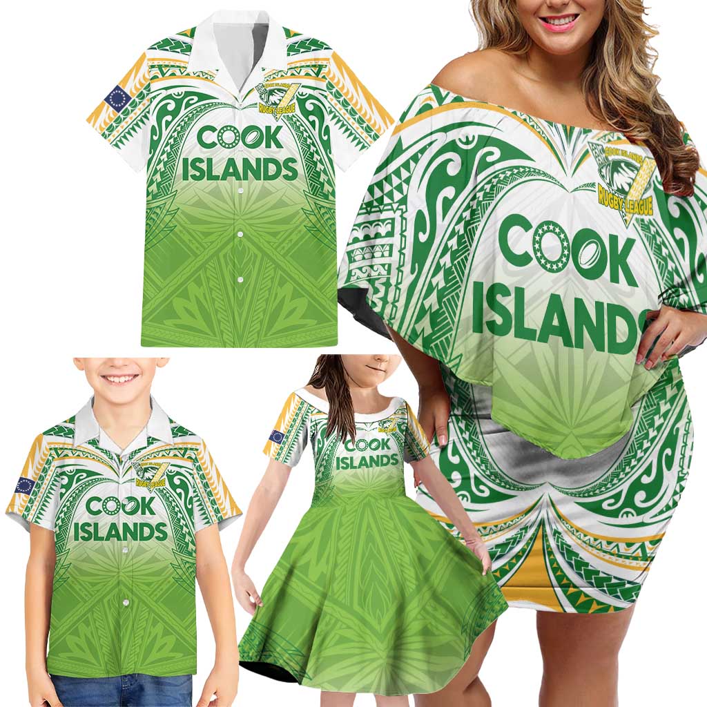 Custom Cook Islands Rugby League Family Matching Off Shoulder Short Dress and Hawaiian Shirt Tatau Tribal Motifs-Light Green Color LT03 - Polynesian Pride