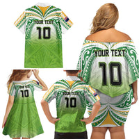 Custom Cook Islands Rugby League Family Matching Off Shoulder Short Dress and Hawaiian Shirt Tatau Tribal Motifs-Light Green Color LT03 - Polynesian Pride