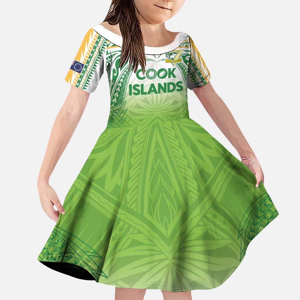 Custom Cook Islands Rugby League Family Matching Puletasi and Hawaiian Shirt Tatau Tribal Motifs-Light Green Color LT03 Daughter's Dress Green - Polynesian Pride