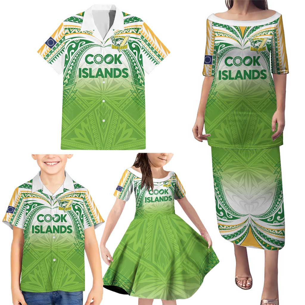 Custom Cook Islands Rugby League Family Matching Puletasi and Hawaiian Shirt Tatau Tribal Motifs-Light Green Color - Polynesian Pride