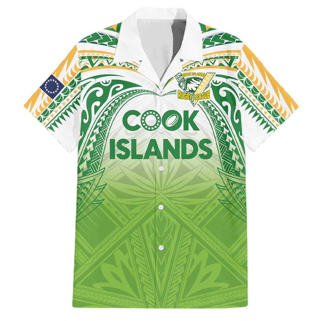 Custom Cook Islands Rugby League Family Matching Puletasi and Hawaiian Shirt Tatau Tribal Motifs-Light Green Color LT03 Dad's Shirt - Short Sleeve Green - Polynesian Pride