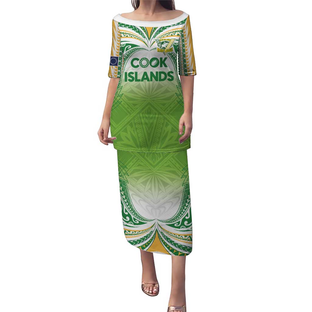 Custom Cook Islands Rugby League Family Matching Puletasi and Hawaiian Shirt Tatau Tribal Motifs-Light Green Color LT03 Mom's Dress Green - Polynesian Pride
