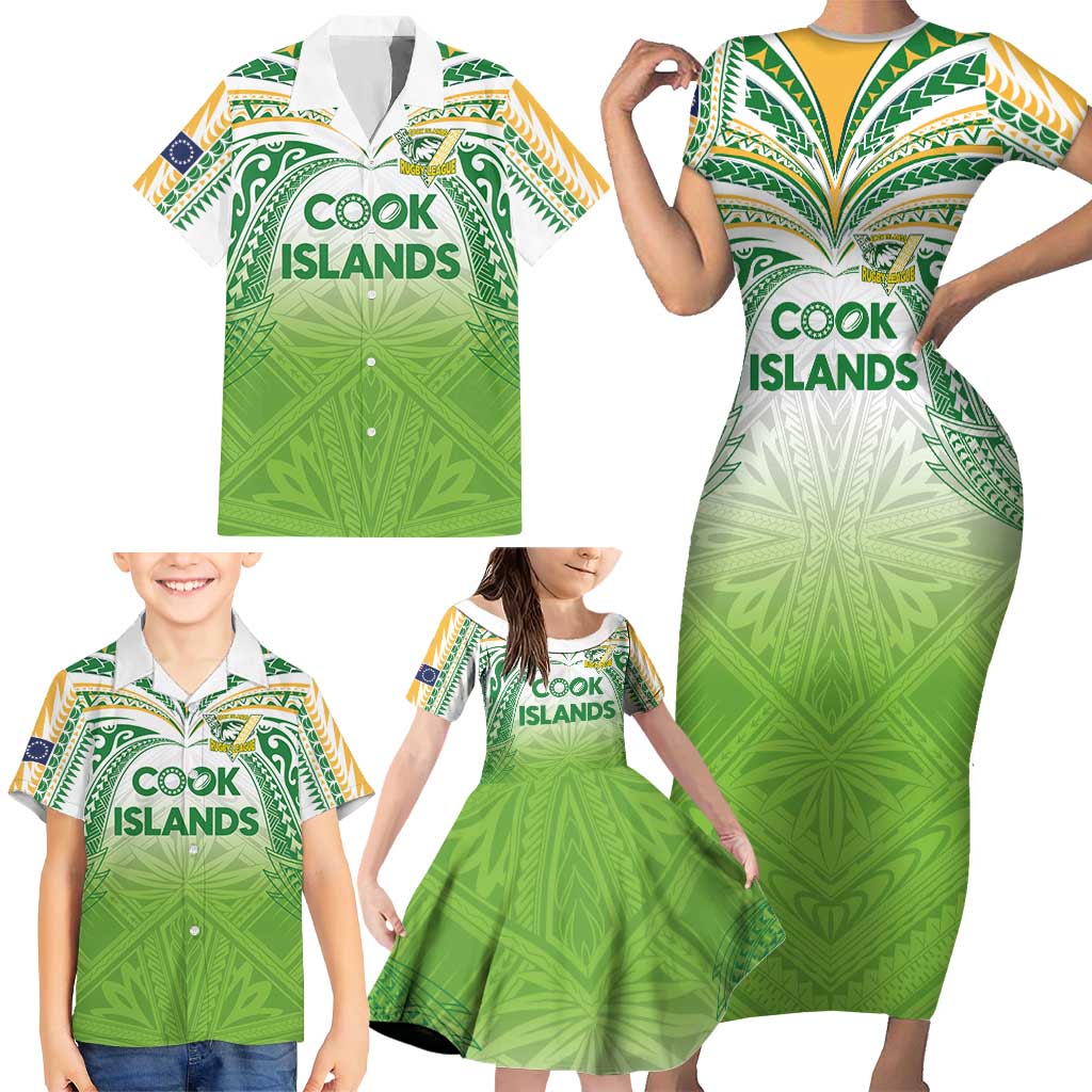 Custom Cook Islands Rugby League Family Matching Short Sleeve Bodycon Dress and Hawaiian Shirt Tatau Tribal Motifs-Light Green Color LT03 - Polynesian Pride
