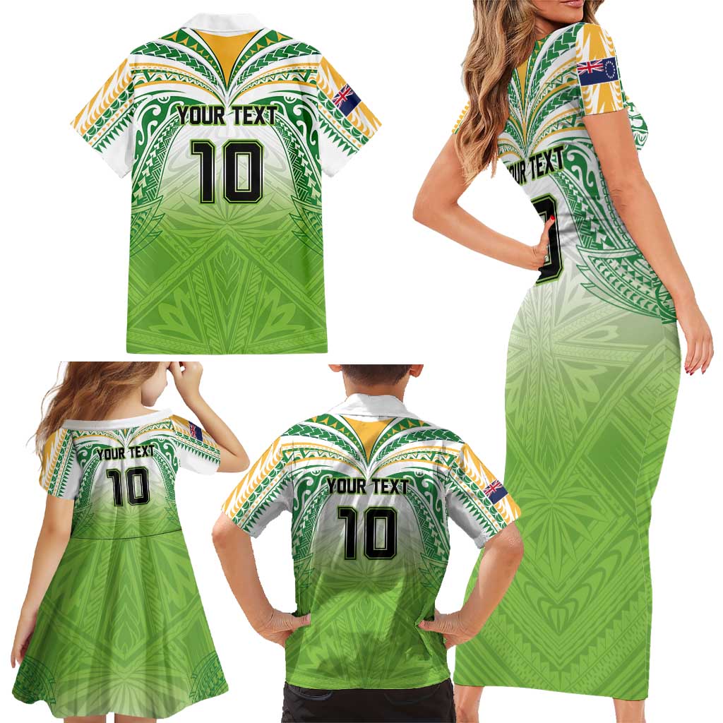 Custom Cook Islands Rugby League Family Matching Short Sleeve Bodycon Dress and Hawaiian Shirt Tatau Tribal Motifs-Light Green Color LT03 - Polynesian Pride