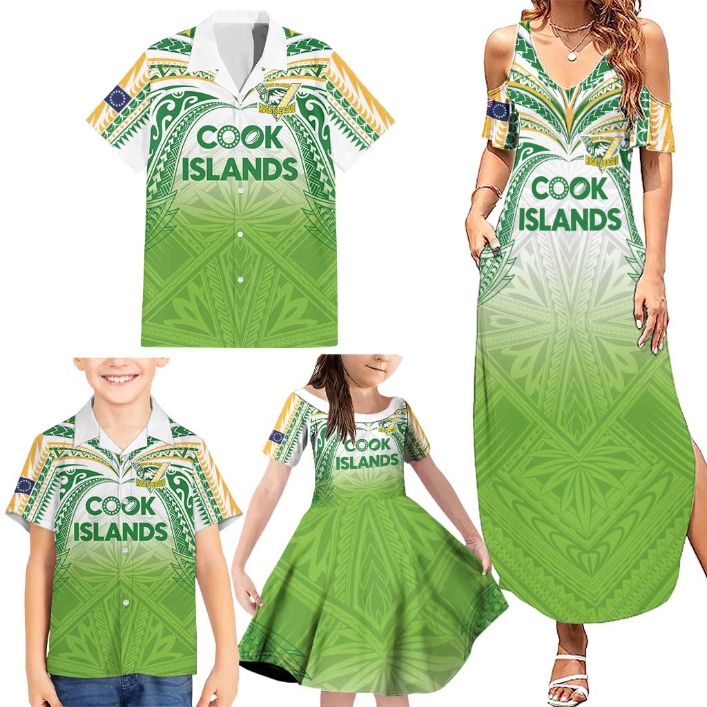 Custom Cook Islands Rugby League Family Matching Summer Maxi Dress and Hawaiian Shirt Tatau Tribal Motifs-Light Green Color LT03 - Polynesian Pride