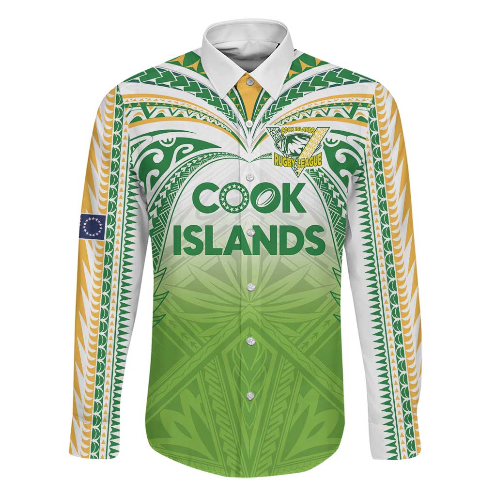 Custom Cook Islands Rugby League Family Matching Summer Maxi Dress and Hawaiian Shirt Tatau Tribal Motifs-Light Green Color LT03 Dad's Shirt - Long Sleeve Green - Polynesian Pride